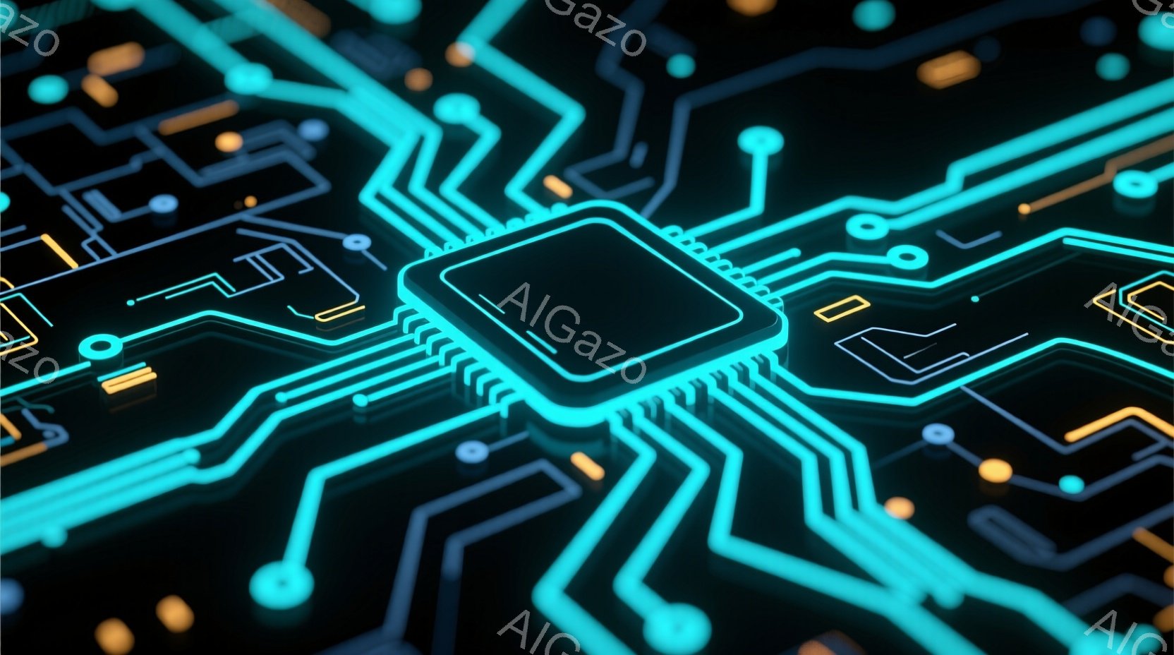 鮮やかなネオンブルーとオレンジ色の回路が複雑に絡み合い、暗い背景に浮かび上がっています。中央には、小さな四角いチップが配置され、その周囲に細い線が放射状に広がっています。全体として、未来的なテクノロジ - AI生成フリー素材