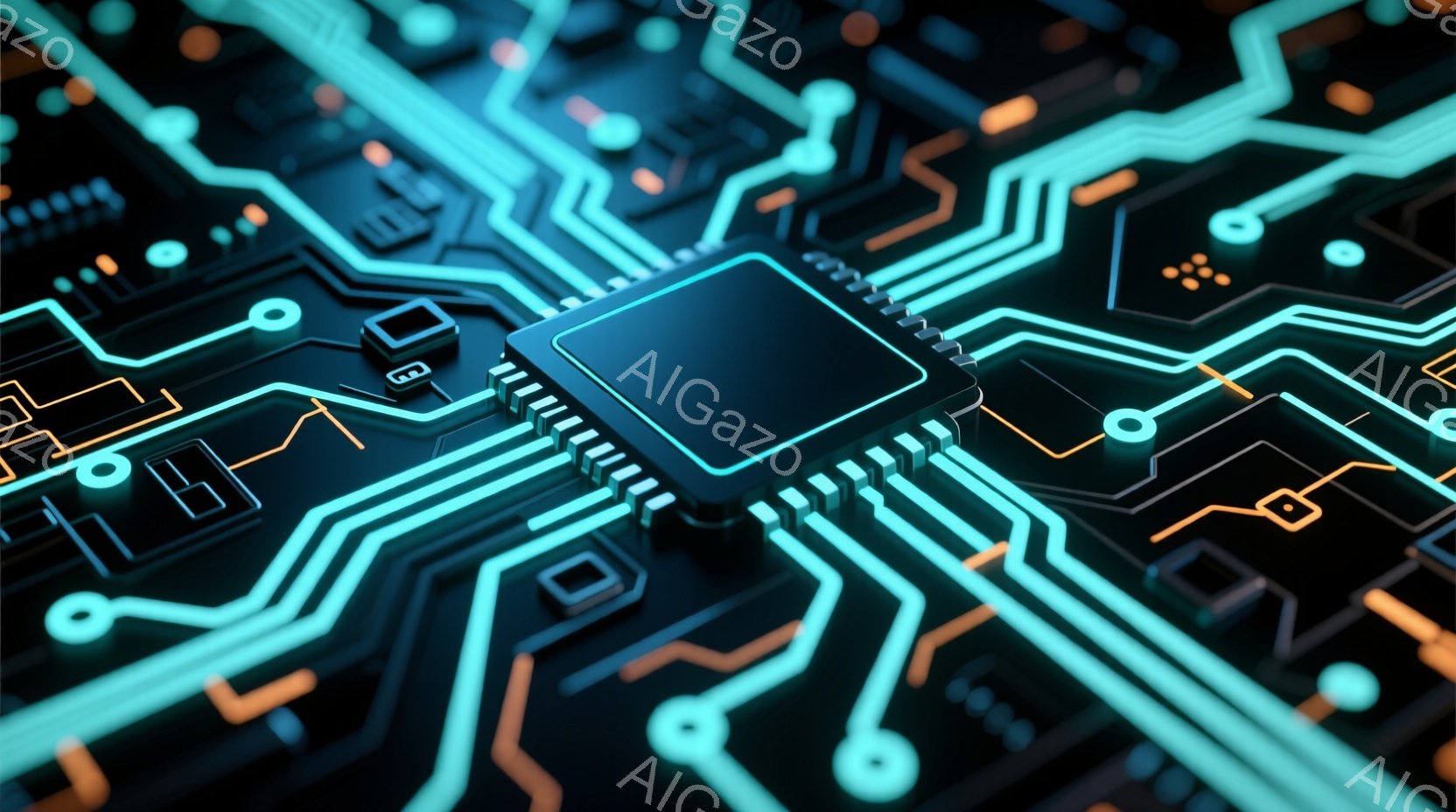 この画像は、暗い背景に鮮やかな緑とオレンジの回路基板が複雑に描かれたクローズアップです。中央には、光沢のある黒色のマイクロチップが配置され、その周囲を細い回路線が網の目のように覆っています。全体として、未来的な技術やデジタル世界のイメージを想起させる、鮮やかで抽象的な表現です。