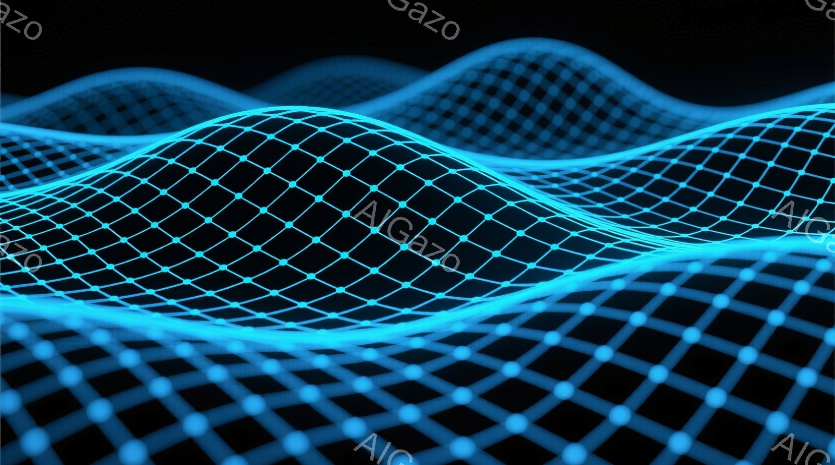 鮮やかな青色の光の網目が、波のような曲線を描いて広がっています。背景は漆黒で、光の網目が際立って未来的な印象を与えます。まるでデジタル空間に浮かぶエネルギーの流れを表現しているかのようです。 - AI生成フリー素材