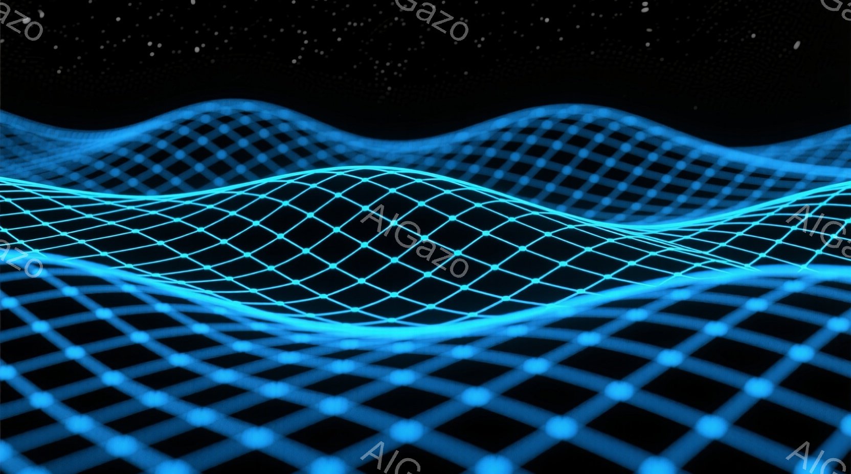 鮮やかな青色の光の網目が、まるでサイバースペースのような暗闇の中に広がっている。網目は波打つように湾曲しており、遠近感のある奥行きを作り出している。背景は漆黒で、星屑のような微細な光点が散りばめられ、幻想的で未来的な雰囲気を醸し出している。