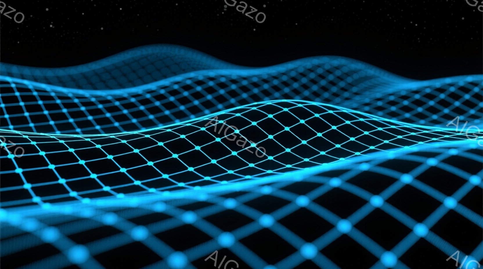 鮮やかな青色の光るワイヤーフレームが、波状にうねる様子が描かれています。暗闇の中に浮かび上がり、未来的なテクノロジーやデジタル空間を連想させる印象です。全体的に静かで神秘的な雰囲気を醸し出しています。