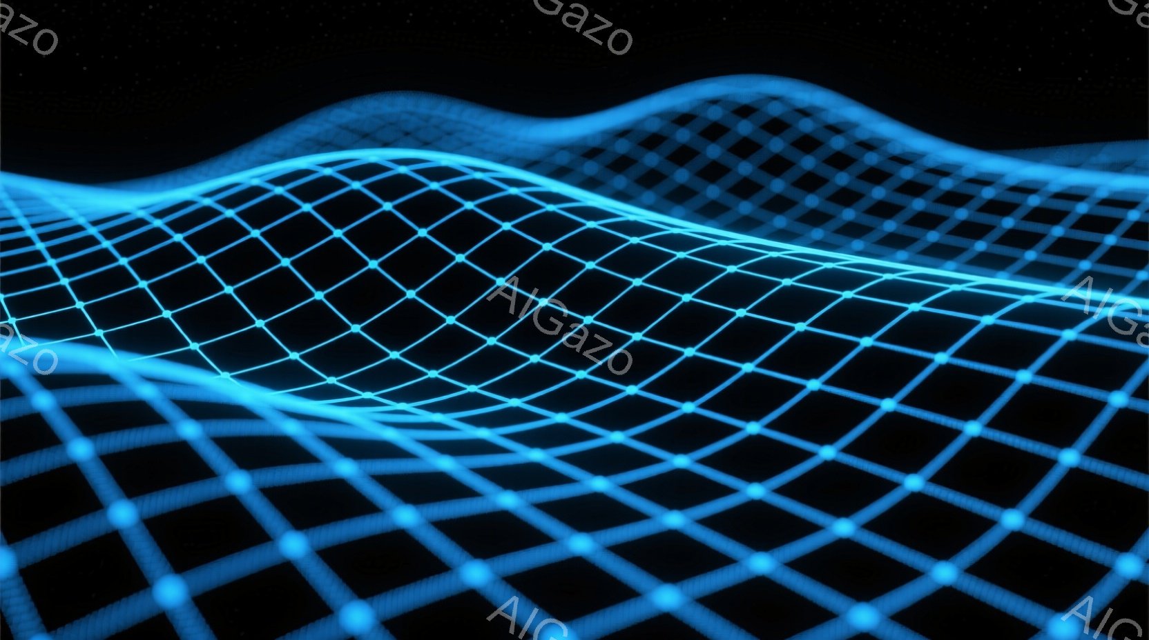 鮮やかな青色のグリッドが、まるでサイバー空間のような背景に波打って広がっている。細かな光点が結びつき、奥行きのあるデジタルな地形を形成しており、未来的な印象を与える。暗い背景とのコントラストが、より一 - AI生成フリー素材