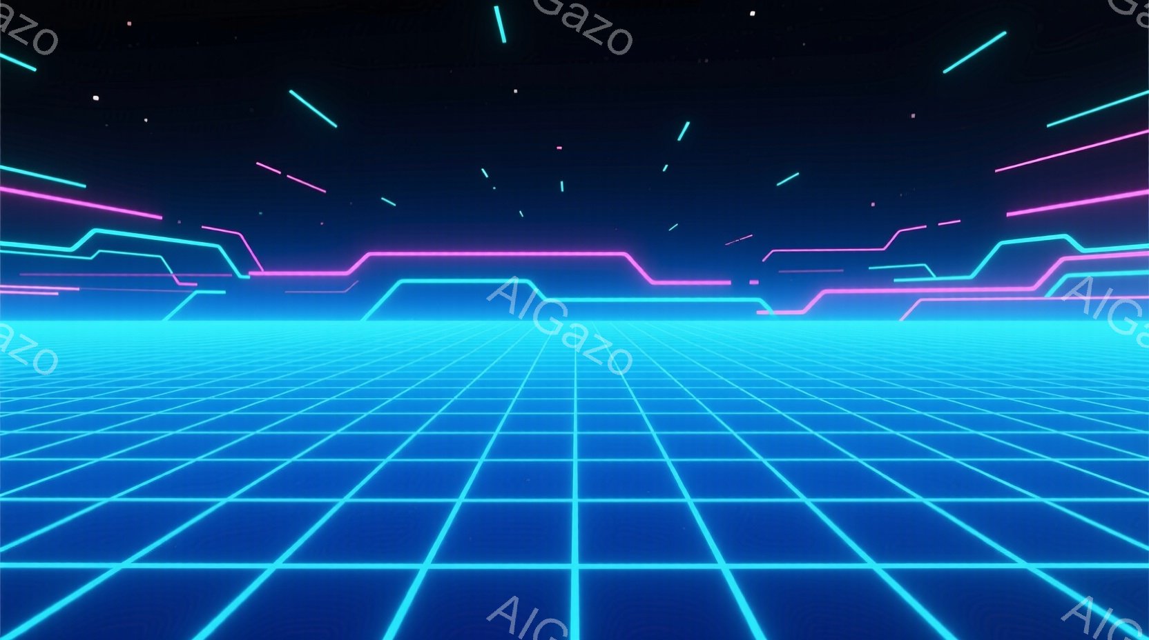 鮮やかなネオンブルーのグリッドが広がる仮想空間が描かれている。遠景には、ピンクのネオンで描かれた未来的な構造物が浮かび、星のような光点が散りばめられている。全体的に80年代風のレトロフューチャーな雰囲気が漂い、サイバーパンクやゲームの世界を想起させる。