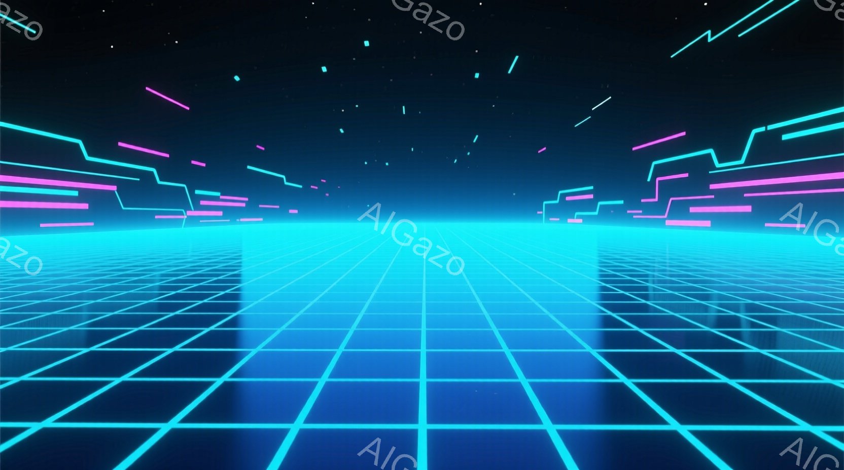 鮮やかなネオンブルーのグリッドが地平線に向かって伸びており、遠くにはピンクの光の線がサイバーパンク風の都市景観を形成している。背景は暗く、まるで仮想現実空間のようであり、小さな光点が星のように散らばっ - AI生成フリー素材