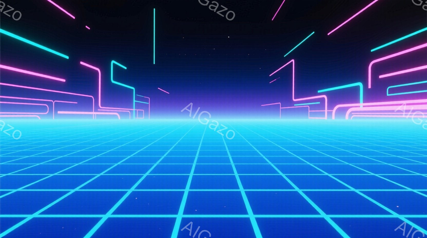 鮮やかなネオンブルーのグリッドが遠近法で広がり、未来的な仮想空間を表現している。ピンク色の光の線がグリッドの彼方に伸び、サイバーパンクや80年代レトロゲームを彷彿とさせる抽象的な構造を形成している。全体的に、この画像は幻想的で没入感のある、デジタルな雰囲気を醸し出している。