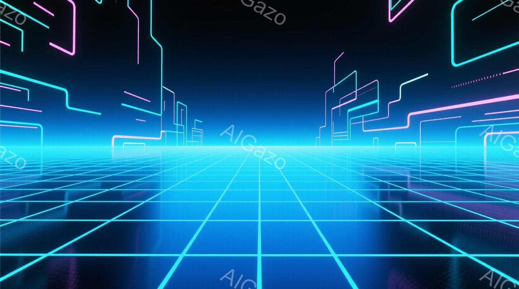 この画像は、蛍光色のグリッドが広がる仮想空間を描いています。地平線にはネオンカラーの幾何学的な線で構成された建物のような構造物が浮かび、未来的な都市景観を暗示しています。全体的に、80年代のレトロな雰囲気とサイバーパンク的な感覚が混ざり合った、幻想的で没入感のある空間を作り出しています。