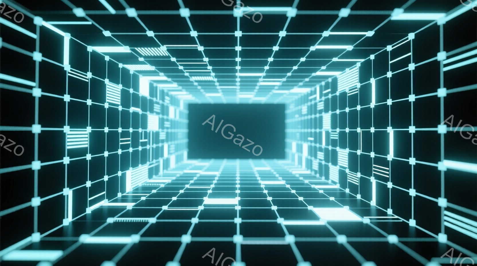 この画像は、未来的なグリッド状のトンネルを描写しており、明るい青色の光の線が幾何学的なパターンで構成されています。遠近法により、光の線が消失点に向かって収束し、無限に続くような奥行きを感じさせます。全体的に、サイバーパンクやデジタル世界を想起させる、鮮やかで没入感のある雰囲気です。