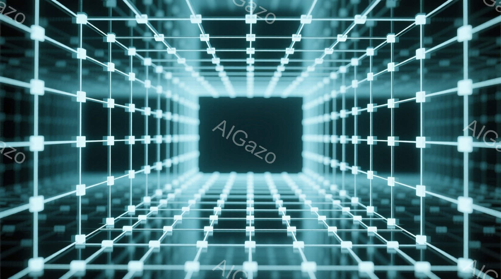 この画像は、青白い光る線が格子状に組み合わさったトンネルのような空間を描写しています。線は遠近法によって消失点に向かって収束し、未来的な、あるいはデジタルな雰囲気を醸し出しています。暗い背景と光のコントラストが、没入感を高めています。