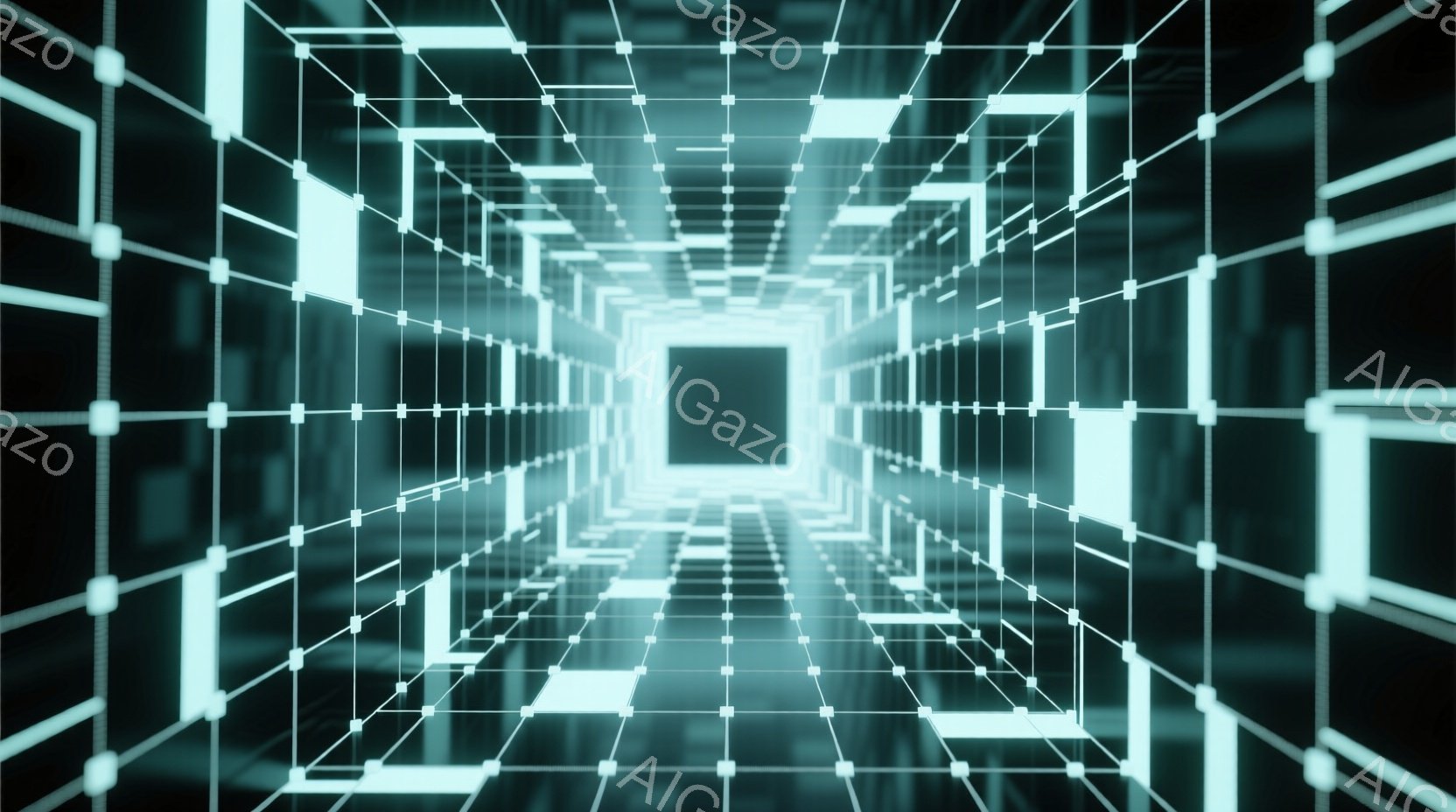 この画像は、明るい青緑色の発光する線で作られた無限に続くトンネルを描いています。線は立方体状に交差しており、遠近法によって奥行きが強調され、中心に向かって収束する視覚効果を生み出しています。全体的に未来的な、サイバーパンク的で没入感のある雰囲気が漂っています。