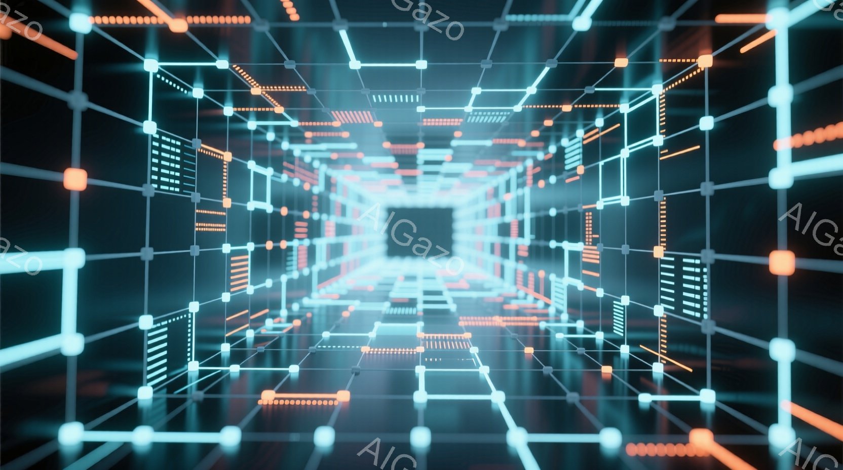 この画像は、暗い背景に輝く線と点から構成された、未来的なトンネルの内部を描いています。オレンジ色と水色の光が線に沿って流れ、奥行きと広がりを感じさせます。全体的に、サイバー空間やデジタル世界の抽象的な表現として、クールで洗練された雰囲気を醸し出しています。