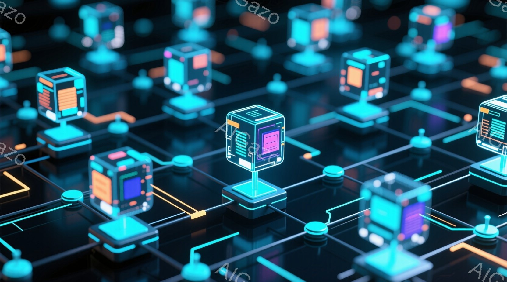 鮮やかなネオンブルーとオレンジ色の光が織りなす、未来的な回路網が印象的な画像です。立方体状のデバイスが、細い光の線で複雑に繋がれており、まるで都市の夜景を俯瞰しているようです。全体的にクールでテクノロ - AI生成フリー素材