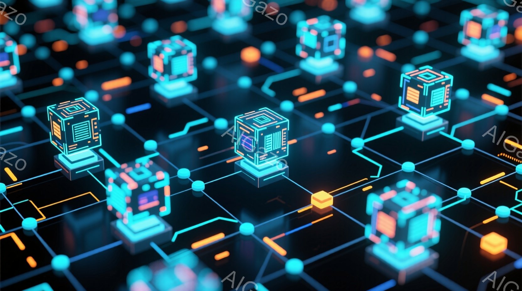 この画像は、暗い背景に配置された、光る立方体と細い線で構成されたネットワークのクローズアップです。立方体は鮮やかな青色で発光し、オレンジ色の点と線で接続されています。全体として、未来的な技術やデジタル - AI生成フリー素材