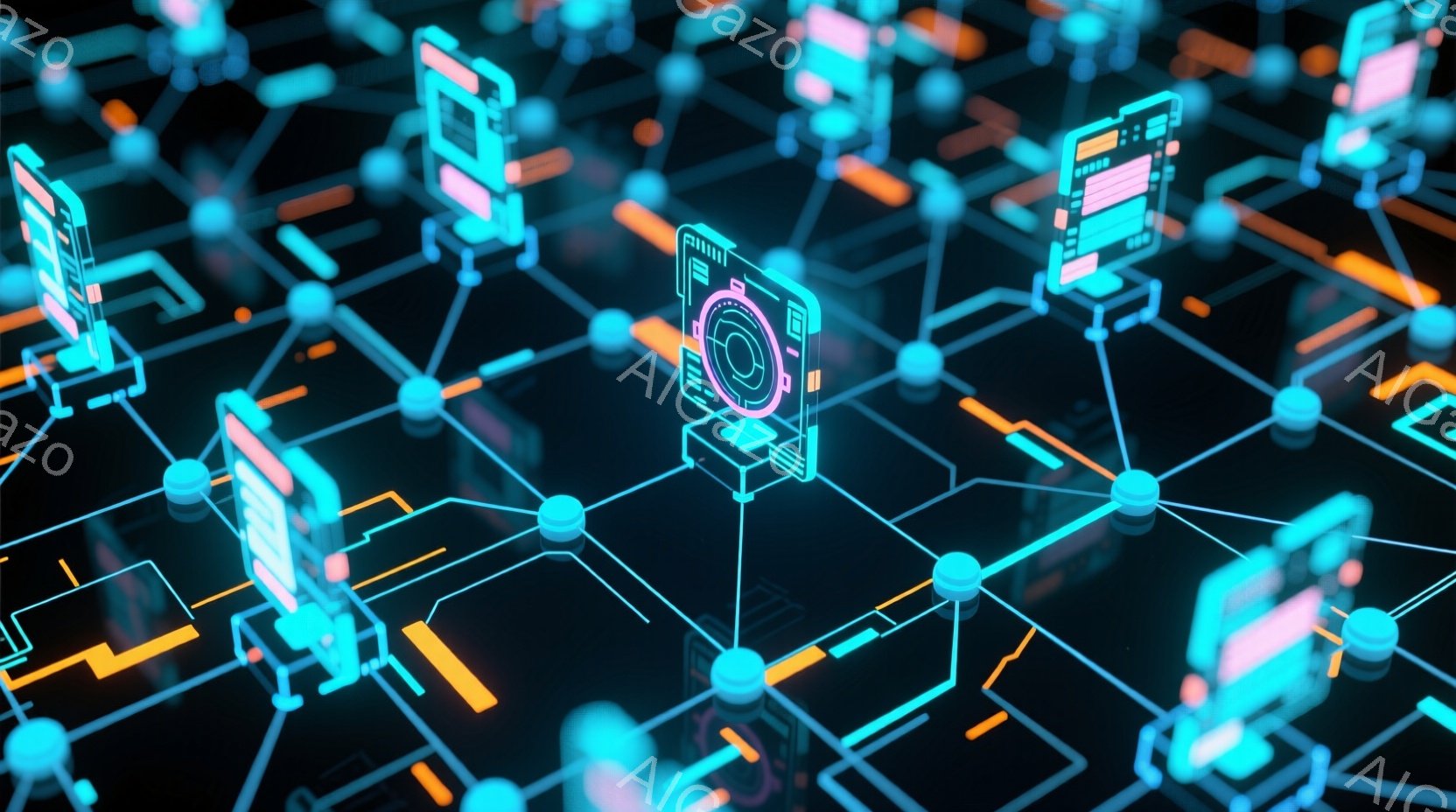 鮮やかなネオンブルーとオレンジ色の回路が、暗い背景に複雑に絡み合って描かれている。立体的で発光するデジタルなパネルが回路のノードに配置され、未来的なネットワーク構造を表現している。全体的に、サイバーパ - AI生成フリー素材