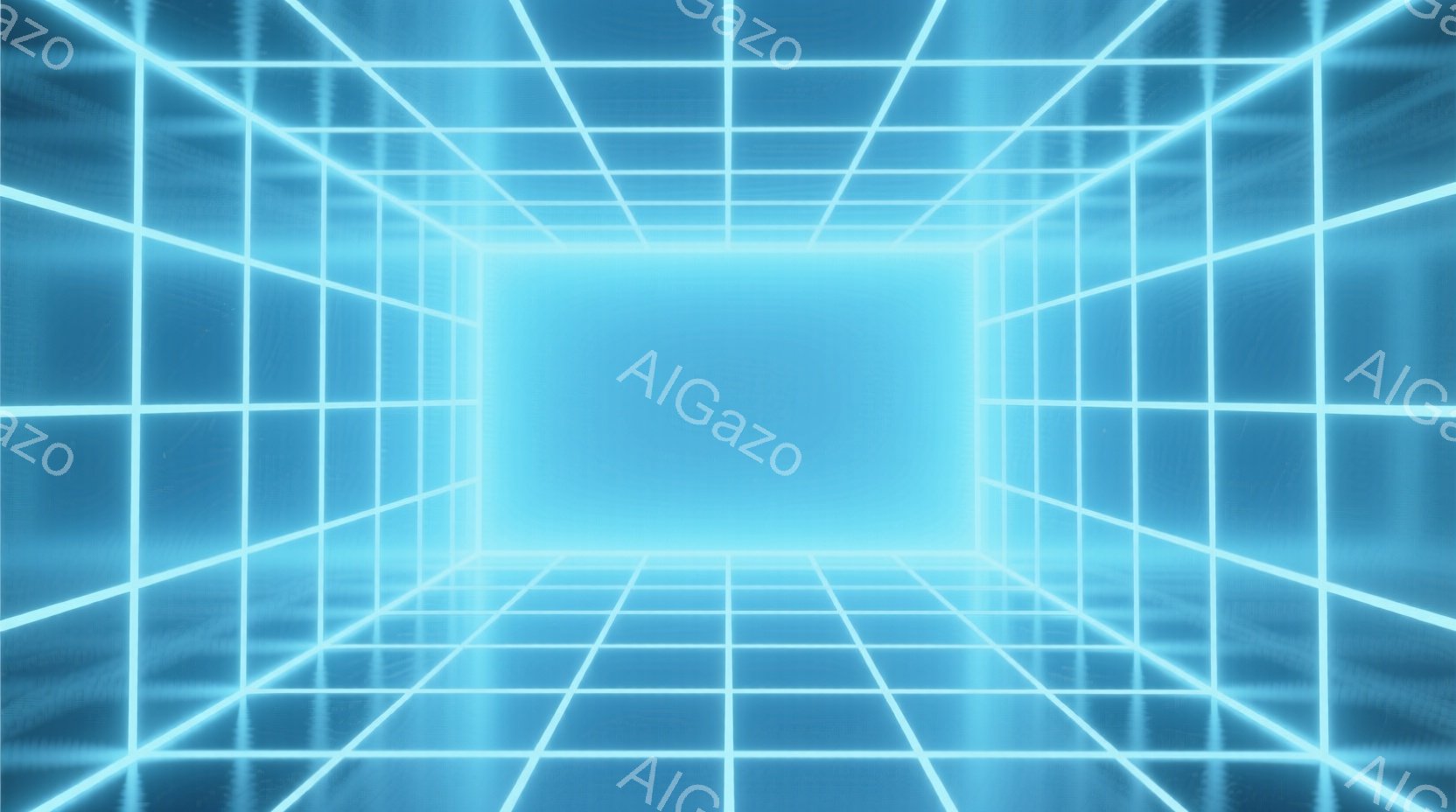 鮮やかな水色の光の線が格子状に走り、無限に続くトンネルのような空間を構成している。床も同様に光の線で構成されており、遠近感によって消失点に向かって収束しているように見える。全体的に未来的な、あるいは仮 - AI生成フリー素材