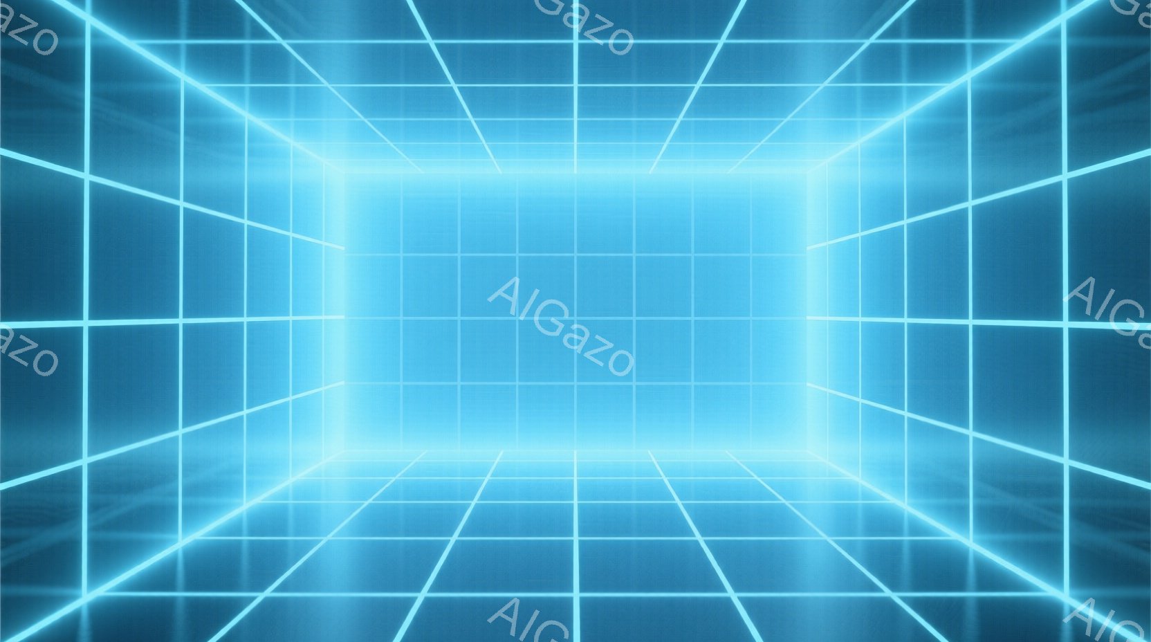 鮮やかな青色の光が格子状に組み合わさった仮想空間が広がっている。無限に続く光の線が、まるでコンピューター内部の構造や未来都市の設計図を思わせる、サイバーパンク的で没入感のある雰囲気を醸し出している。奥行きのある光の構成は、見る者を未知の世界へと誘うような、神秘的で幻想的な印象を与える。