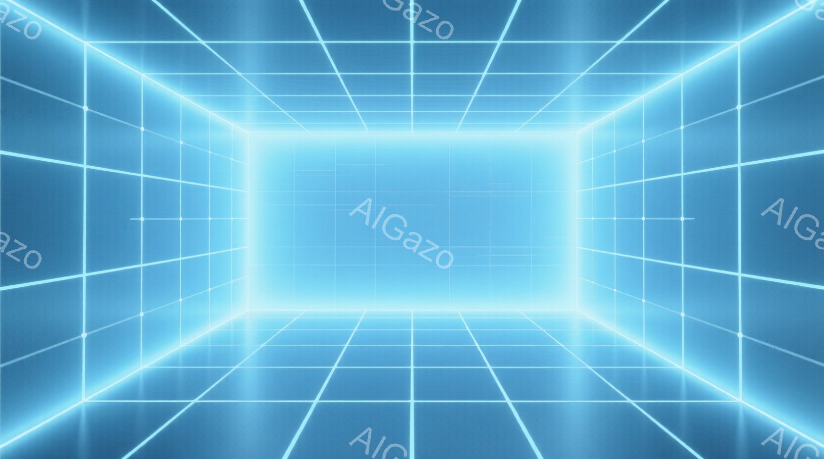 この画像は、光る青い線で構成された、無限に続くような立方体の空間を描写しています。床、壁、天井はすべて格子状の光のラインで区切られており、未来的なデジタル空間を表現しています。鮮やかな青色の光が空間全体を照らし、神秘的で没入感のある雰囲気を醸し出しています。