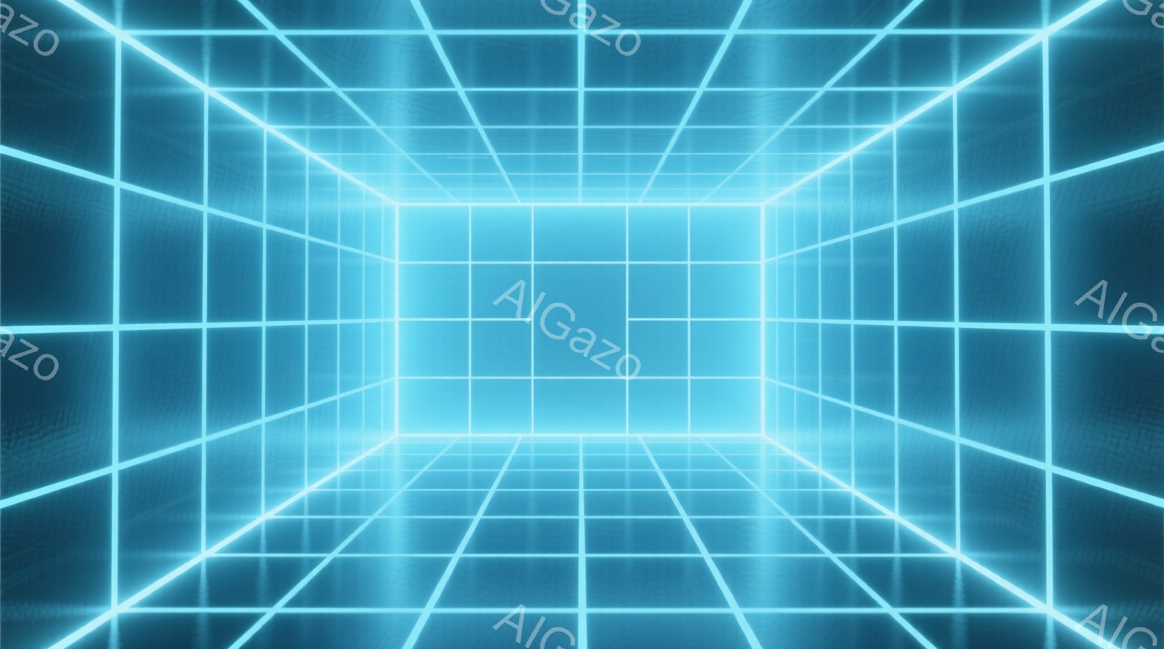 この画像は、明るい水色の光のグリッドで構成された無限に続くトンネルのような空間を描写しています。グリッド線は均等に配置され、遠近法によって消失点に向かって収束し、未来的なデジタルな雰囲気を醸し出しています。全体的に冷たく、洗練された印象を与え、まるで仮想現実空間に迷い込んだような感覚を呼び起こします。