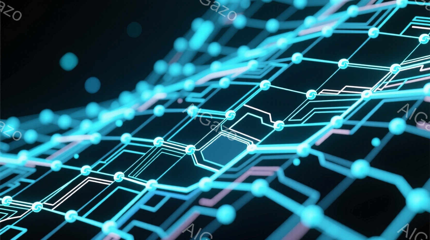 鮮やかな青色の光の線が、黒い背景の上を複雑に網の目のように広がっている様子が描かれている。光の線は、小さな球体で繋がれており、まるで電子回路やネットワークの構造を想起させるデザインとなっている。全体的に近未来的でテクノロジーを感じさせる、クールな雰囲気である。