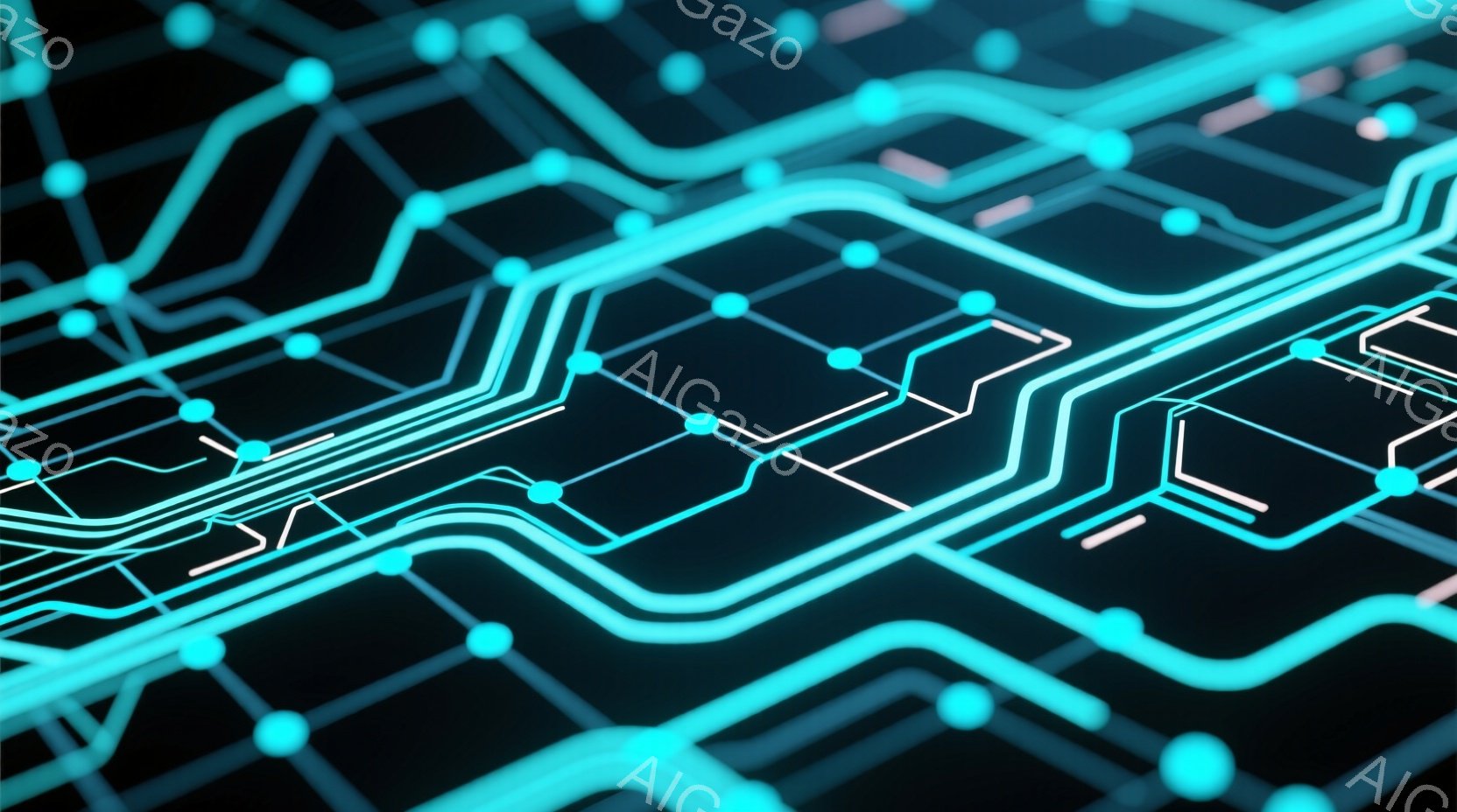 この画像は、暗い背景にネオンブルーと白で描かれた回路基板のような構造物を表現しています。線と円が複雑に絡み合い、未来的なテクノロジーやネットワークのイメージを想起させます。全体的にクールでモダンな雰囲気で、デジタル世界の抽象的な表現と言えるでしょう。
