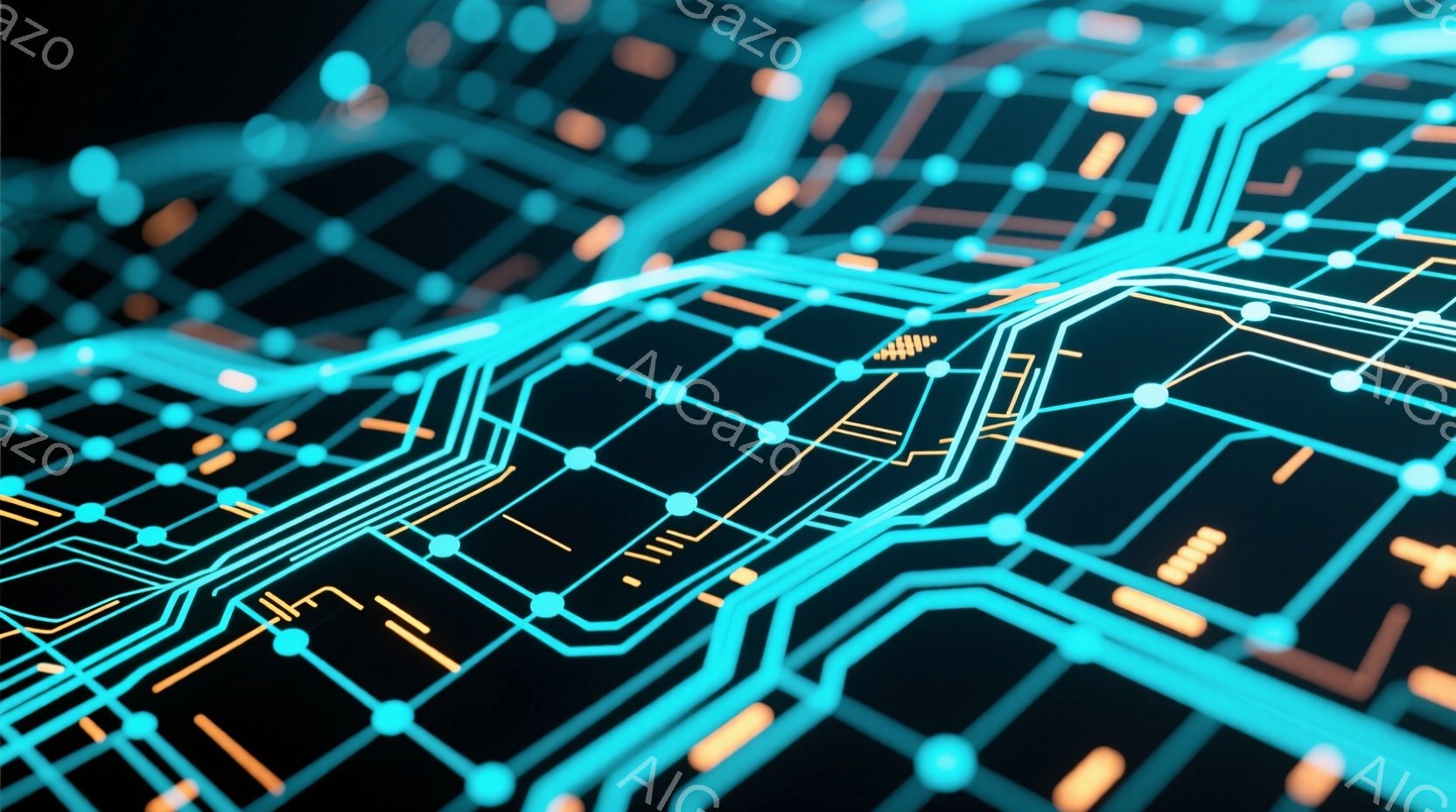 この画像は、暗い背景に浮かび上がる、複雑な回路のような光の線で構成されています。鮮やかなターコイズブルーとオレンジ色のラインが交差し、まるでデジタルな地形やネットワークを表現しているかのようです。全体として未来的で、テクノロジーの進化や情報伝達を想起させる雰囲気です。