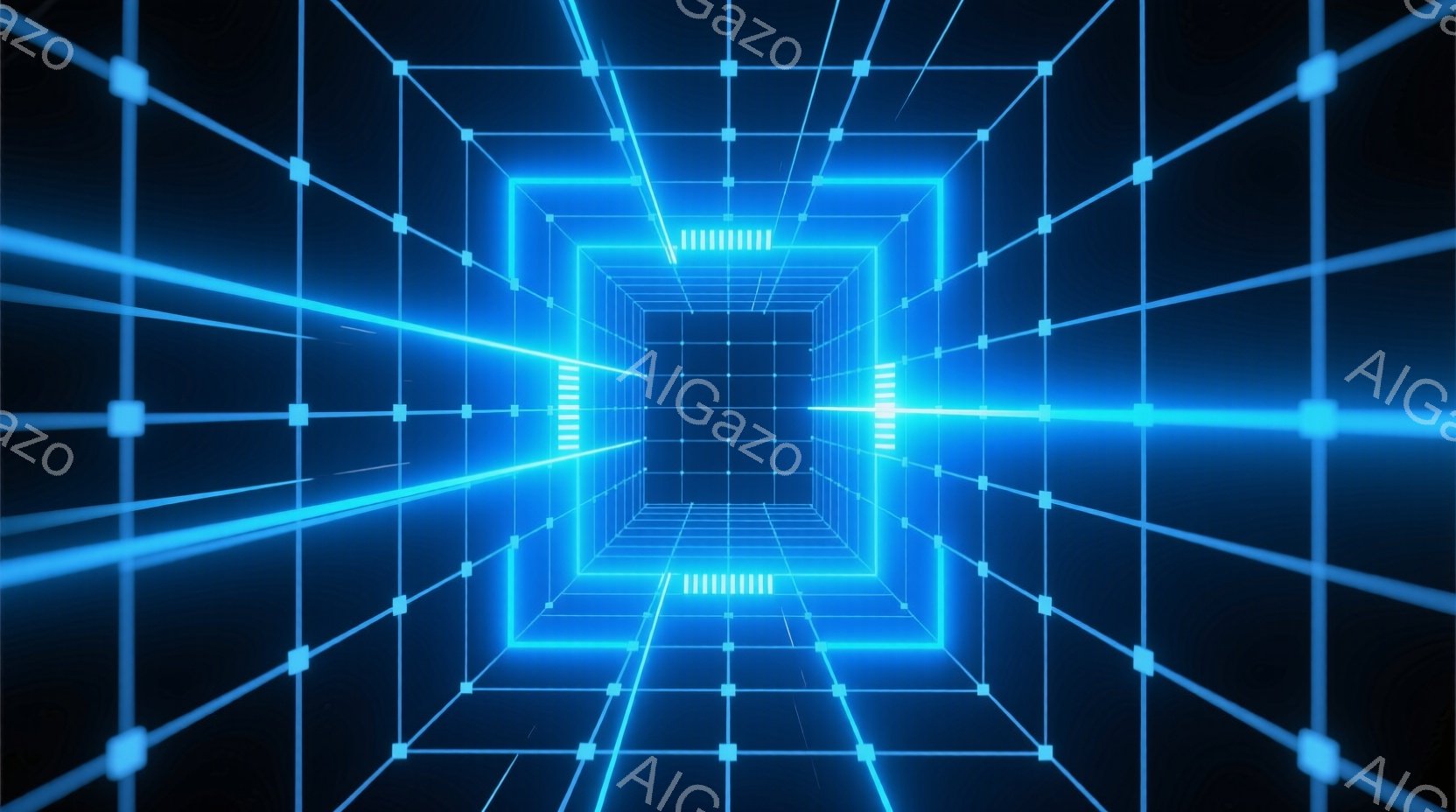 画像は、明るい青色の光るワイヤーフレームで構成された無限に続くトンネルのような空間を描いています。規則的に配置された立方体の構造が遠近法を利用して奥行きを作り出し、中心に向かって収束するような視覚効果を生み出しています。全体的に、未来的なテクノロジーやサイバー空間を想起させる、鮮やかで没入感のある雰囲気です。