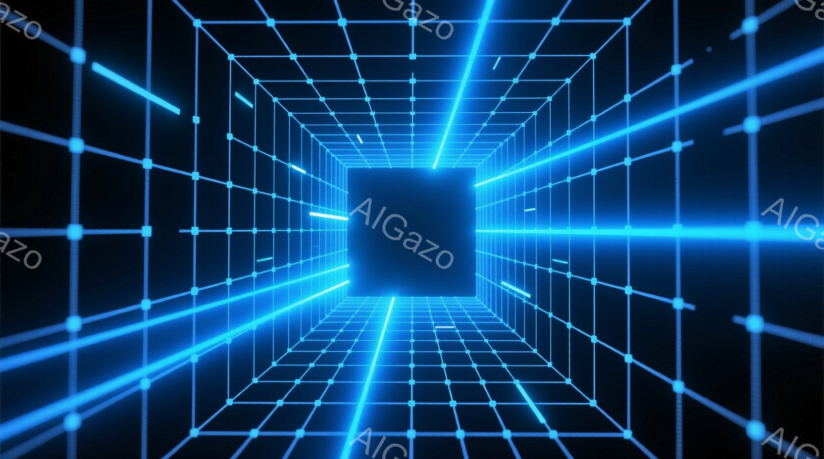 この画像は、未来的なグリッド状のトンネルの内部を描いています。青い光の線が、遠近法を利用して無限に続くような錯覚を生み出し、中心に向かって収束しています。全体的に、サイバーパンクやデジタル世界の雰囲気 - AI生成フリー素材