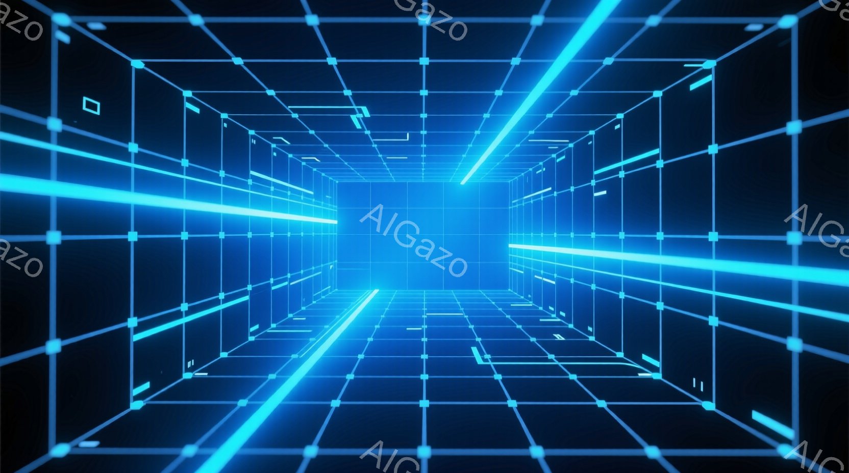 鮮やかなネオンブルーの線で構成された仮想空間が描かれている。水平方向と垂直方向に伸びる線が格子状に交差し、遠近法により無限に続くトンネルのような視覚効果を生み出している。全体的に未来的な、サイバーパン - AI生成フリー素材