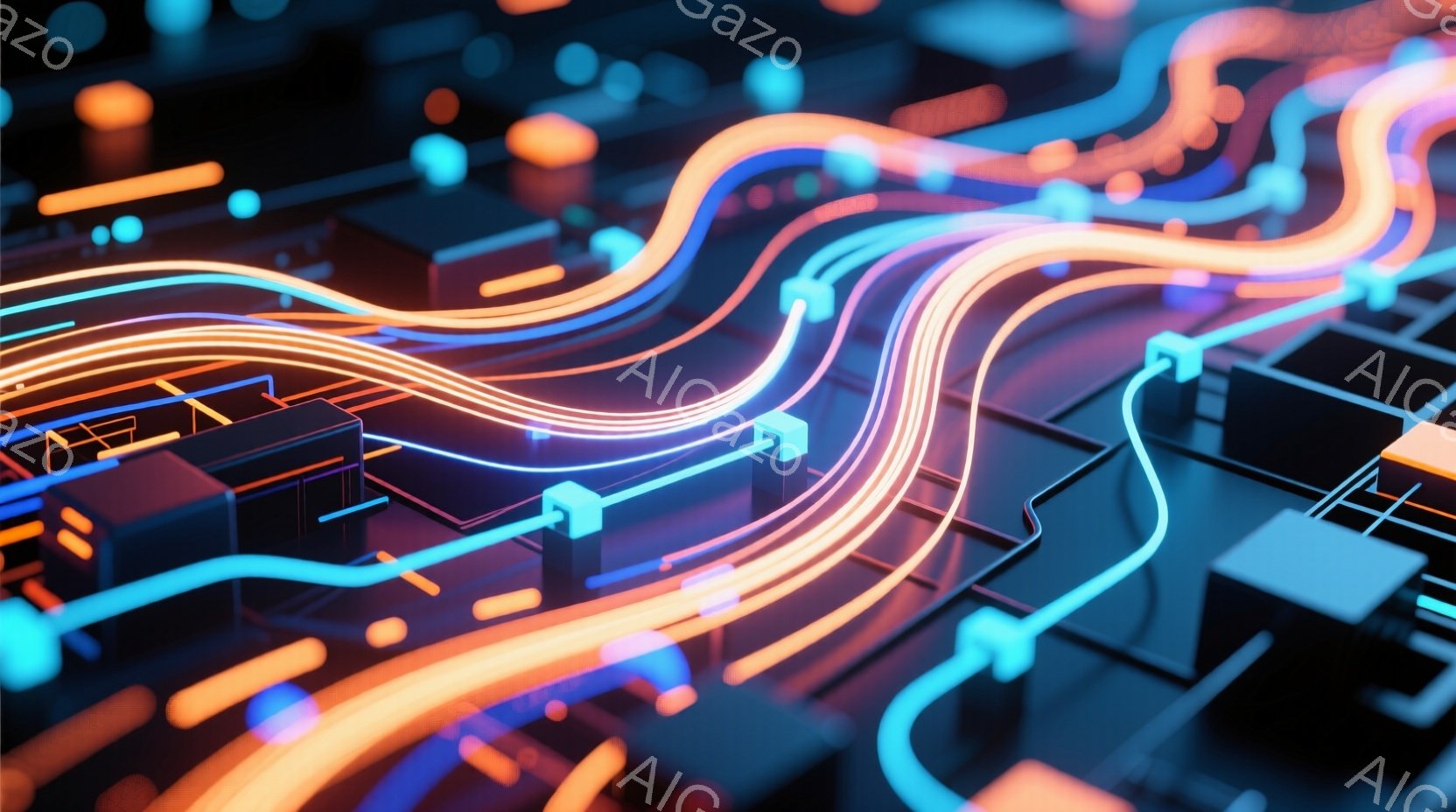 この画像は、暗い背景にネオンカラーの光の線が複雑に絡み合った、回路基板のような抽象的な表現です。オレンジと水色の光が流れるように繋がり、未来的な都市の夜景を思わせる光景が広がっています。全体的に、テクノロジーとエネルギーを感じさせる、鮮やかでダイナミックな雰囲気です。