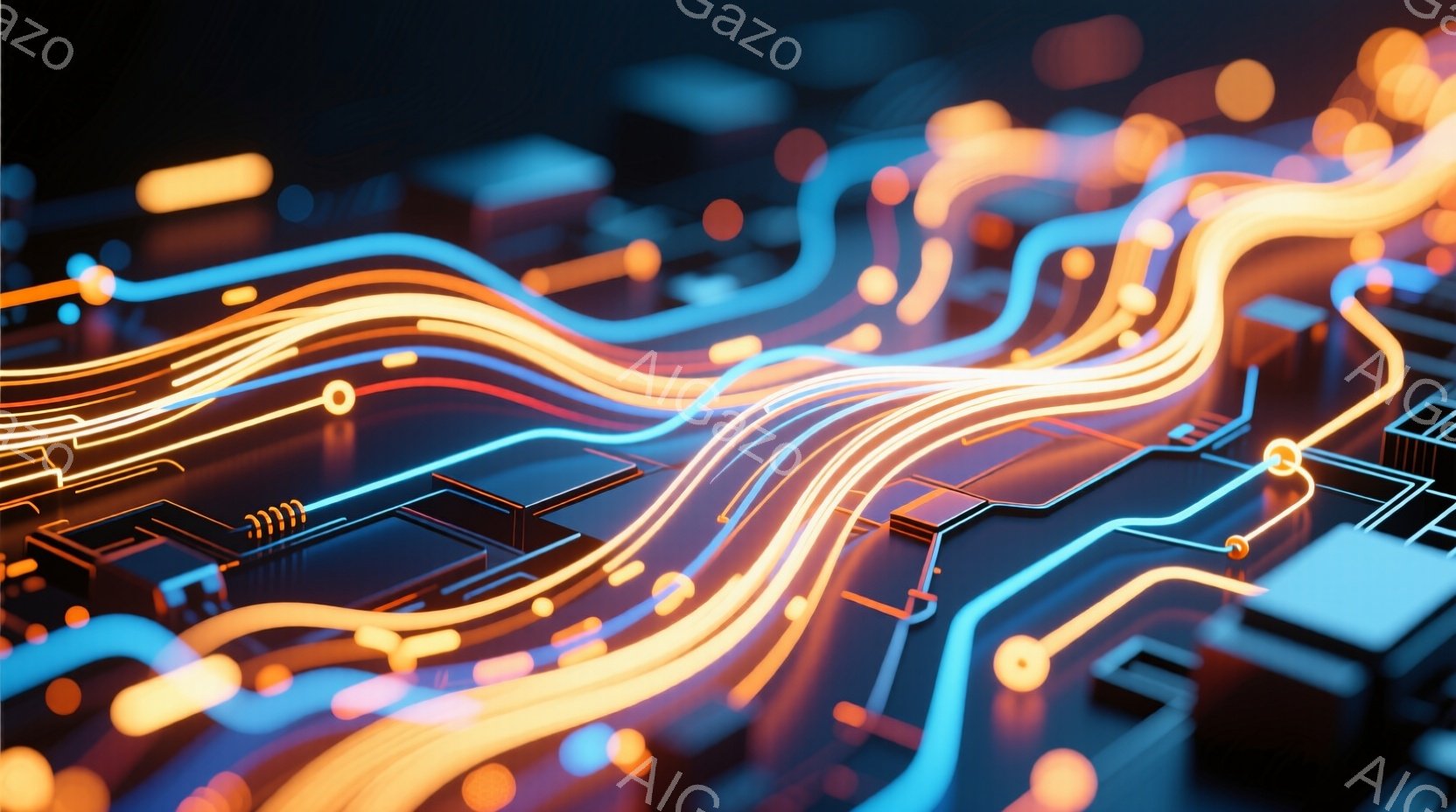 この画像は、青い基板上に流れるようなオレンジ色の光のラインが特徴的です。光はまるで電気回路のように複雑に絡み合い、未来的なテクノロジーのイメージを喚起させます。背景は暗く、光がより一層際立ち、躍動感とスピード感を強調しています。