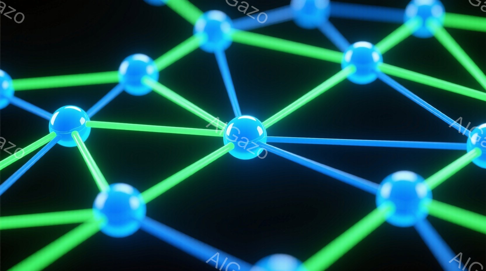 鮮やかな青い球体が複雑な緑色の線で繋がれたネットワークが描かれています。球体は光沢があり、まるで分子構造や接続を表しているようです。背景は暗く、ネットワークが際立ち、科学的または抽象的な雰囲気を作り出 - AI生成フリー素材