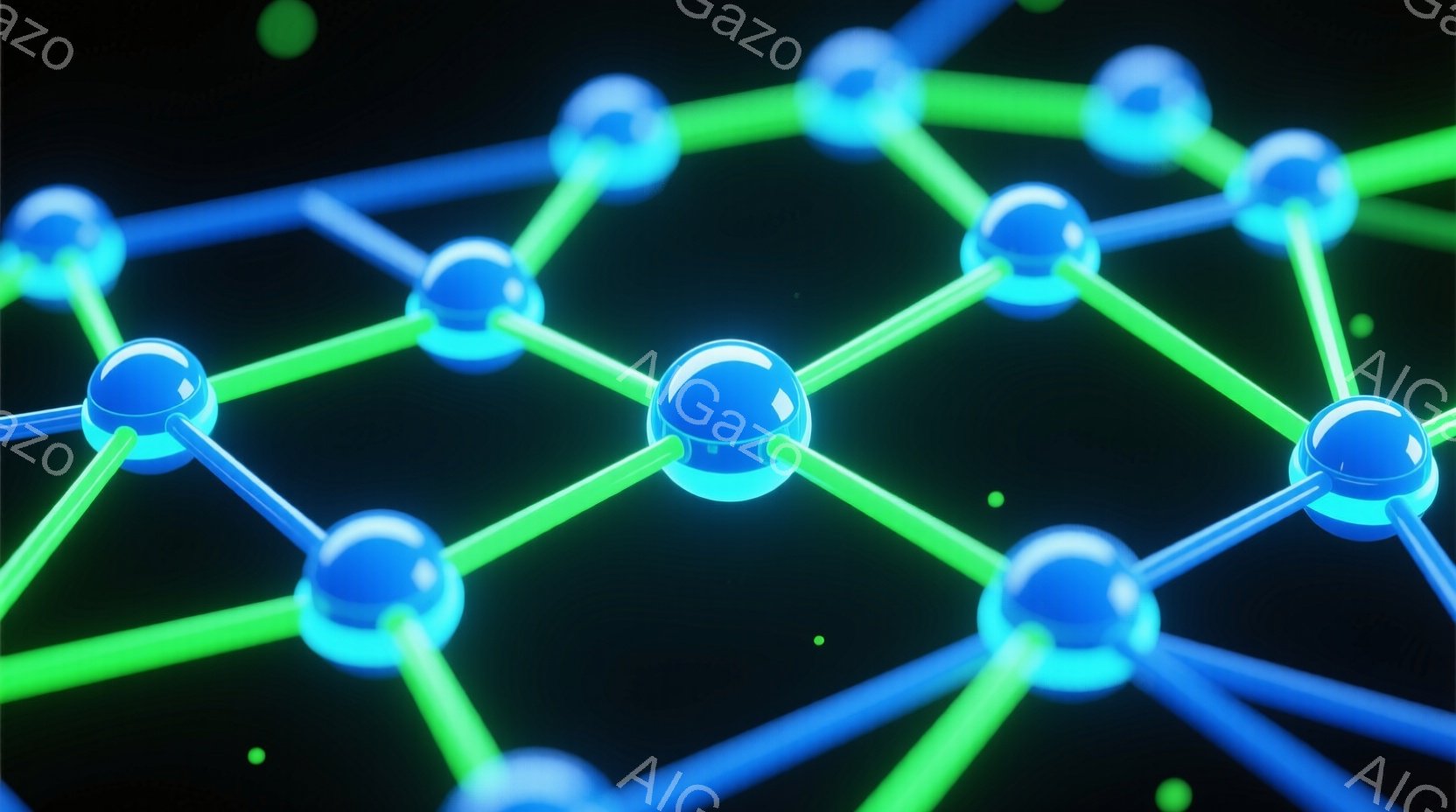 鮮やかな青い球体が緑色の線で接続されたネットワーク構造が描かれています。球体は光沢があり、発光しているように見え、背景は暗く、ぼやけた緑色の光点が散りばめられています。全体的に、科学的またはテクノロジ - AI生成フリー素材