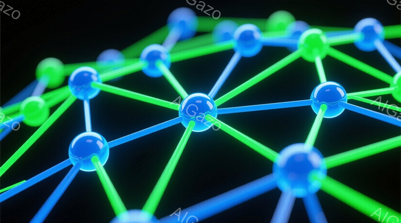 この画像は、鮮やかな緑色の線で結ばれた青い球体のネットワークをクローズアップで捉えたものです。球体は光沢があり、光を反射して輝いています。背景は暗く、ネットワークが際立って見えます。 - AI生成フリー素材