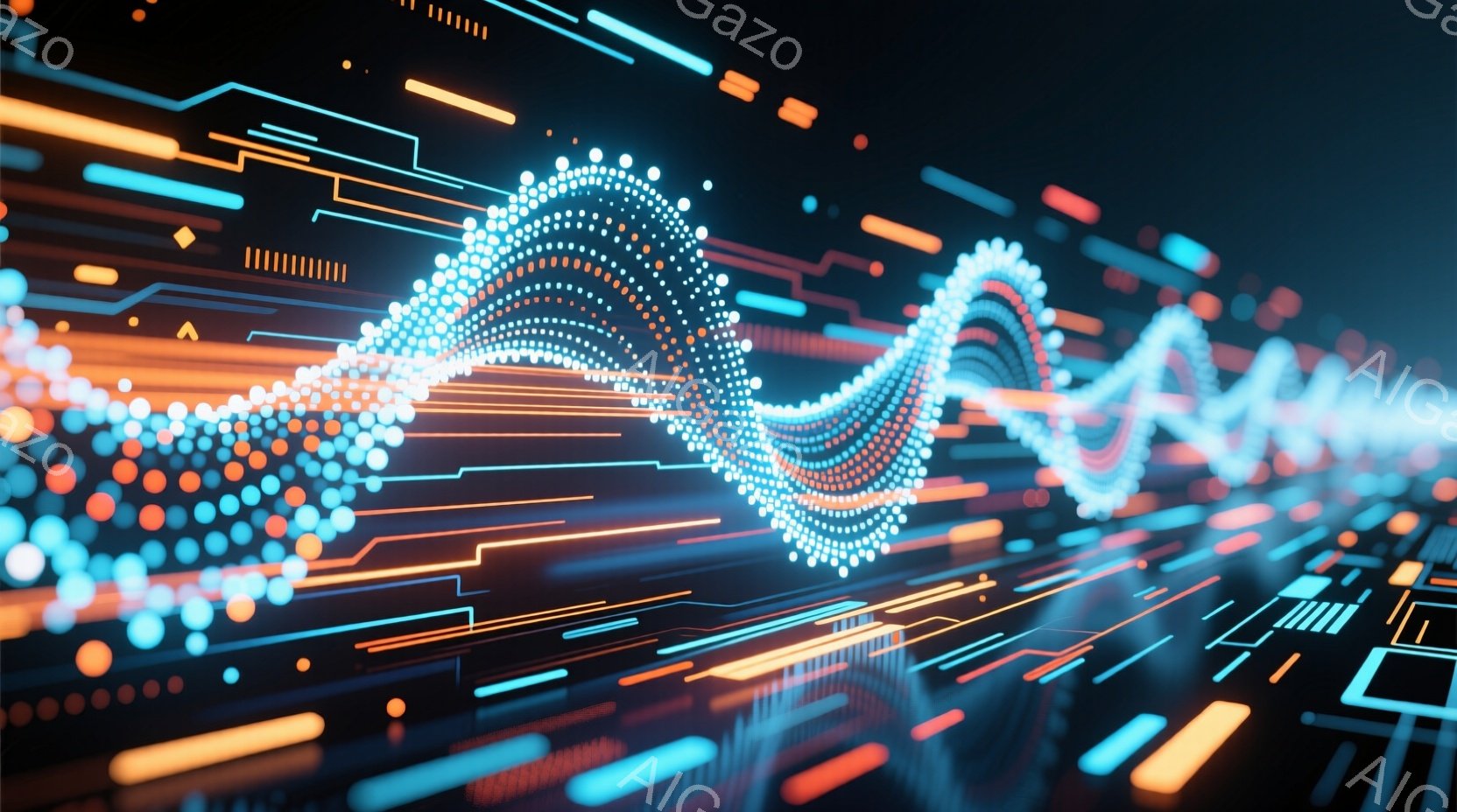 未来的な回路が広がる背景に、青とオレンジ色の光の波が流れる様子が描かれています。明るい光の線が幾何学的なパターンで構成され、高速データストリームやデジタル信号の視覚化を想起させます。全体的に、テクノロジー、スピード、そして未来的な接続性を象徴する鮮やかなイメージです。