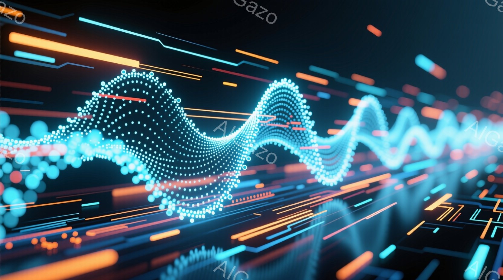 この画像は、明るい青とオレンジの線で構成された抽象的なデジタル波形を示しています。線は前景でうねり、背景にはぼやけた光の帯が放射状に広がっており、サイバー空間やテクノロジーを連想させる未来的な雰囲気を作り出しています。全体的に、鮮やかな色彩とダイナミックな動きが特徴で、データの流れや信号の伝達を視覚的に表現しているようです。