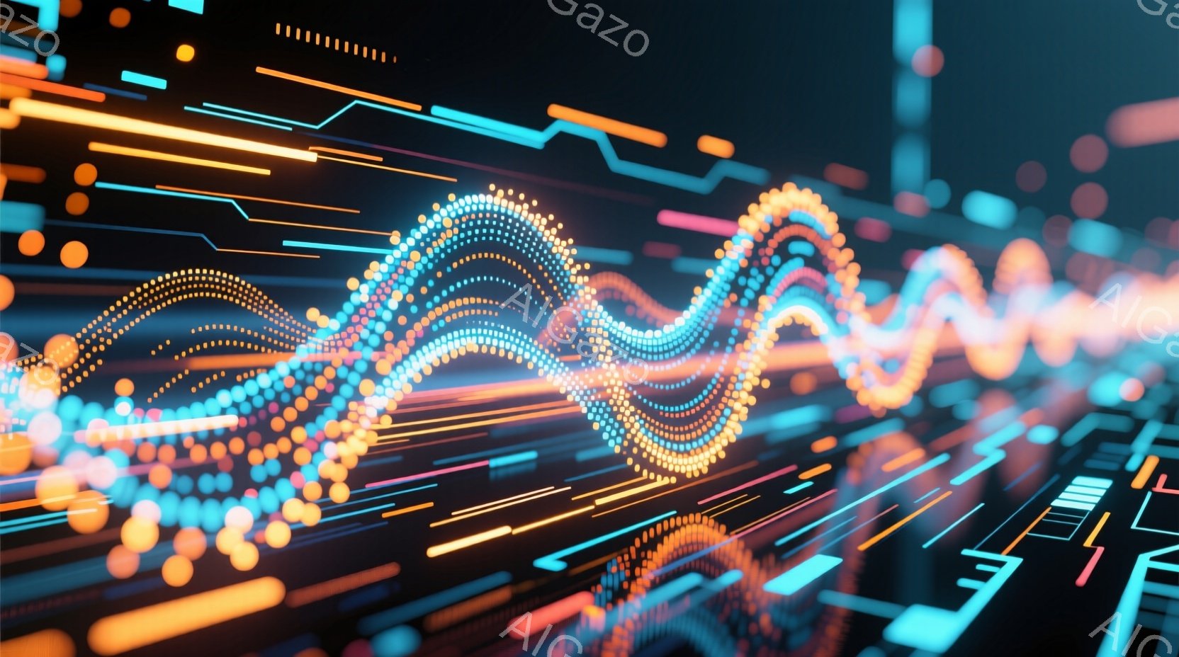 この画像は、明るい色彩の光の線が、複雑な回路基板のような背景の上を蛇行する様子を捉えています。オレンジ、青、紫などの光が、まるでデータストリームやエネルギーの流れを視覚化したように、奥行きのある空間を駆け抜けています。未来的なデジタル世界の表現であり、スピード感とテクノロジーの進化を感じさせる雰囲気です。
