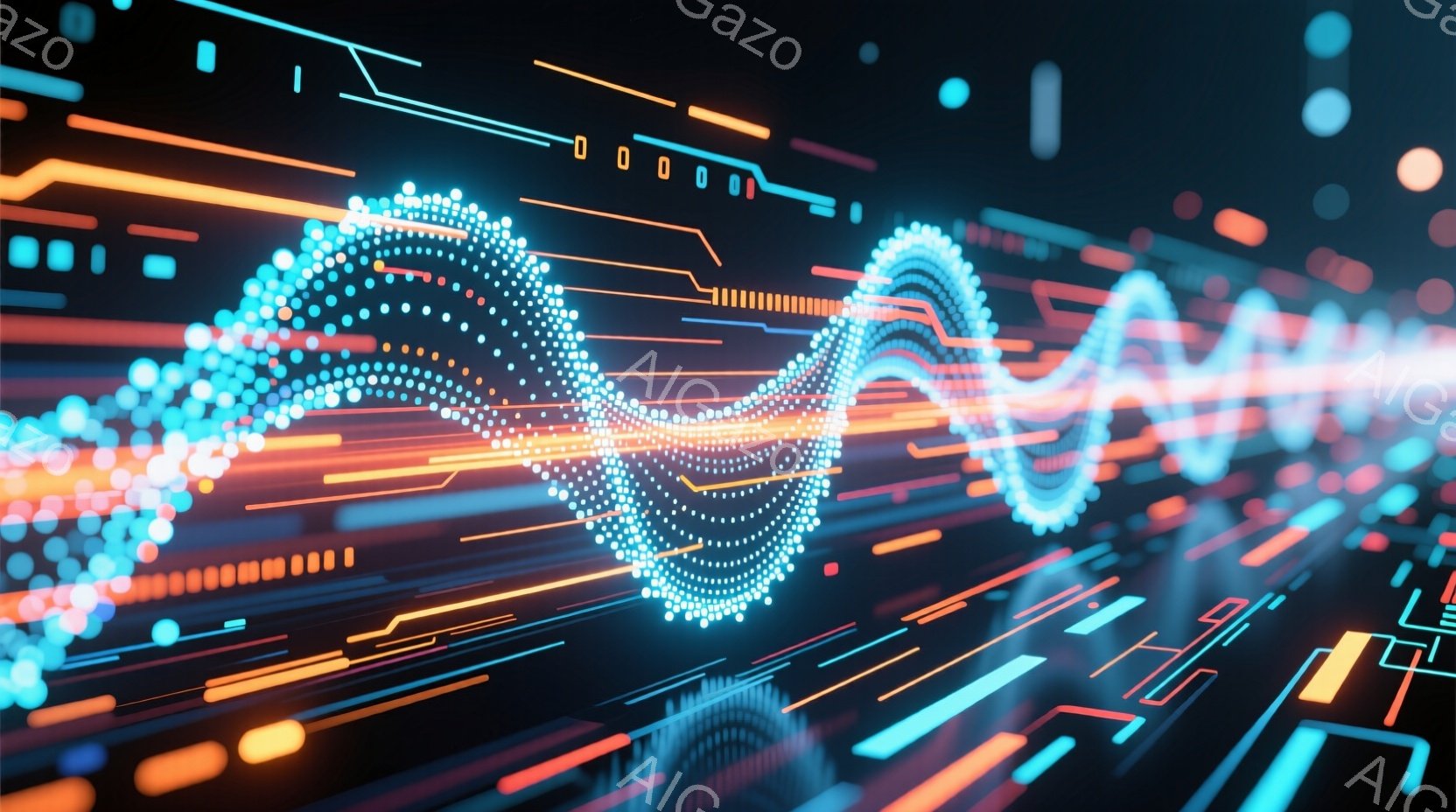 この画像は、暗い背景に沿って伸びる、明るい青とオレンジの線で構成された抽象的な表現です。線は波のような形状を描き、高速なデータストリームやネットワーク接続を連想させます。全体的に、未来的な技術とエネルギーに満ちた雰囲気です。