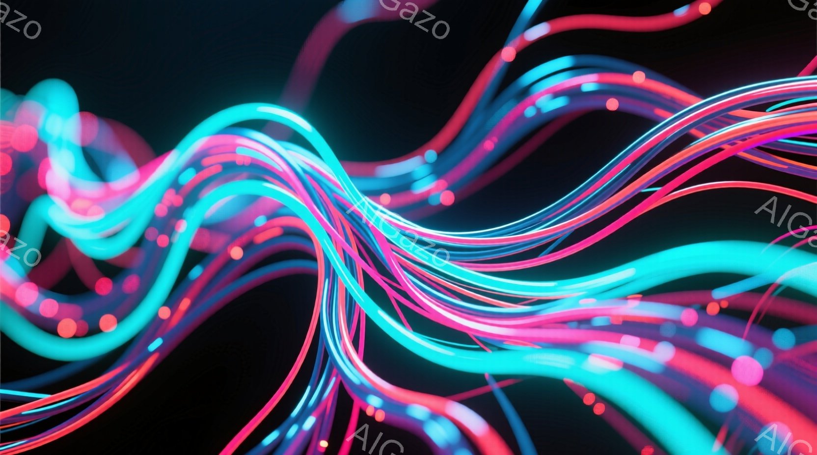 鮮やかなピンクと青の光の線が、黒い背景の中で渦巻いて絡み合っている。光の線は、まるでエネルギーの流れのように流動的で、未来的な印象を与える。背景は完全に暗く、光の線が際立って見えるため、神秘的で幻想的な雰囲気を醸し出している。