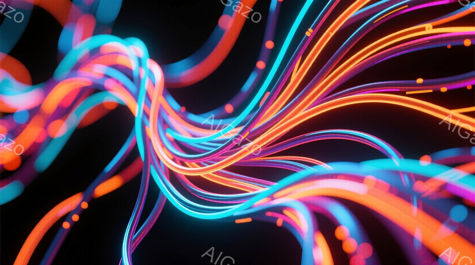 鮮やかなネオンカラーの光線が、暗闇の中で複雑に絡み合いながら流れています。ピンク、青、オレンジ色の光線は、まるでエネルギーの流れのように、動きと生命力を表現しています。背景は漆黒で、光線の鮮やかさを際立たせており、近未来的な抽象美を感じさせます。