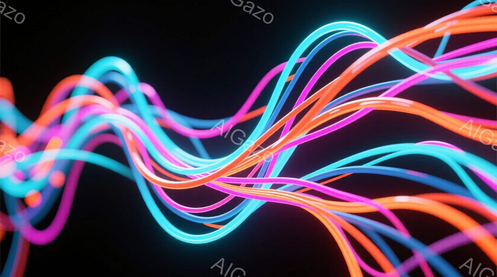 鮮やかなネオンカラーの光の帯が、暗い背景の中を複雑に絡み合いながら流れています。ピンク、青、オレンジの光が、まるでエネルギーの流れのように、滑らかで流動的な曲線を描いています。全体的に未来的な雰囲気で - AI生成フリー素材