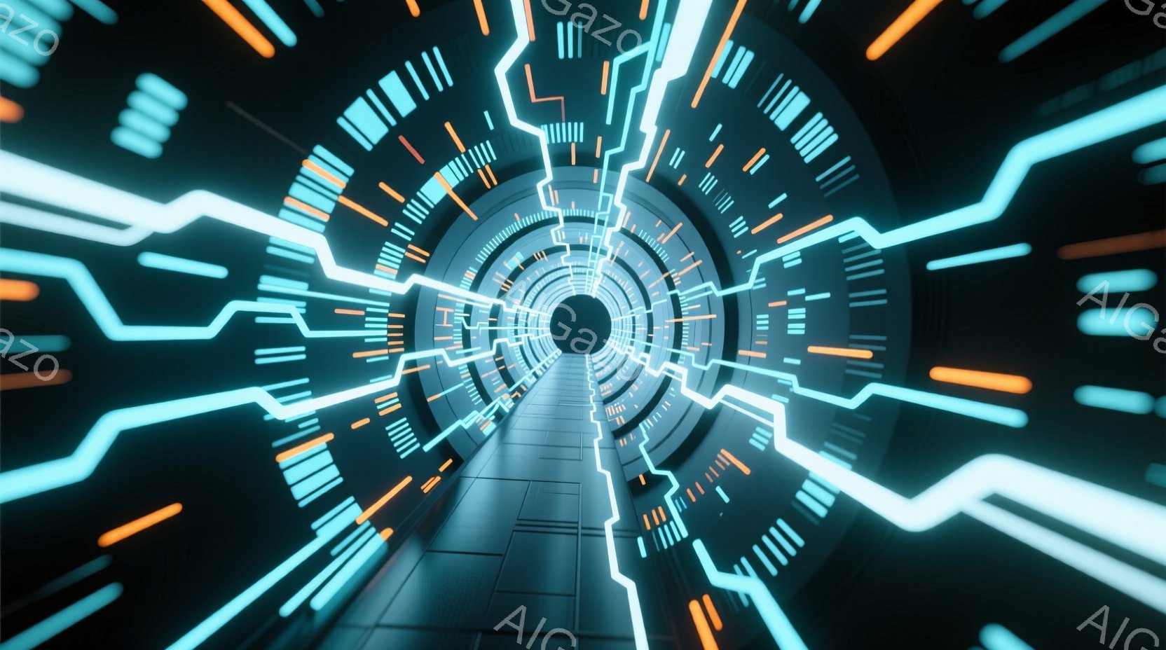 この画像は、未来的なトンネルの内部を示しており、明るい青とオレンジのネオンのような線が幾何学的に配置されている。床はグレーのタイルで覆われ、遠くには光る円形の出口が見える。全体的に、高速移動やデジタル - AI生成フリー素材