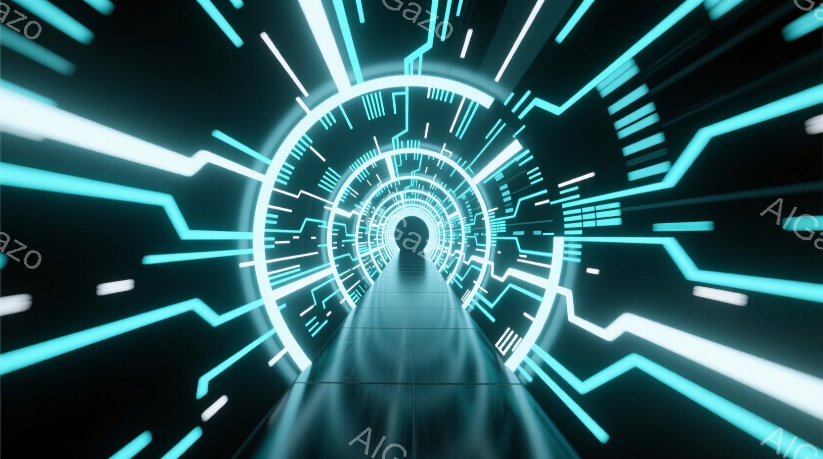 この画像は、未来的なトンネルの内部を捉えています。青い光の線が複雑な回路のように壁面を構成し、遠近法によって無限に続く空間を作り出しています。床面は反射しており、光が反射して未来的で没入感のある雰囲気 - AI生成フリー素材