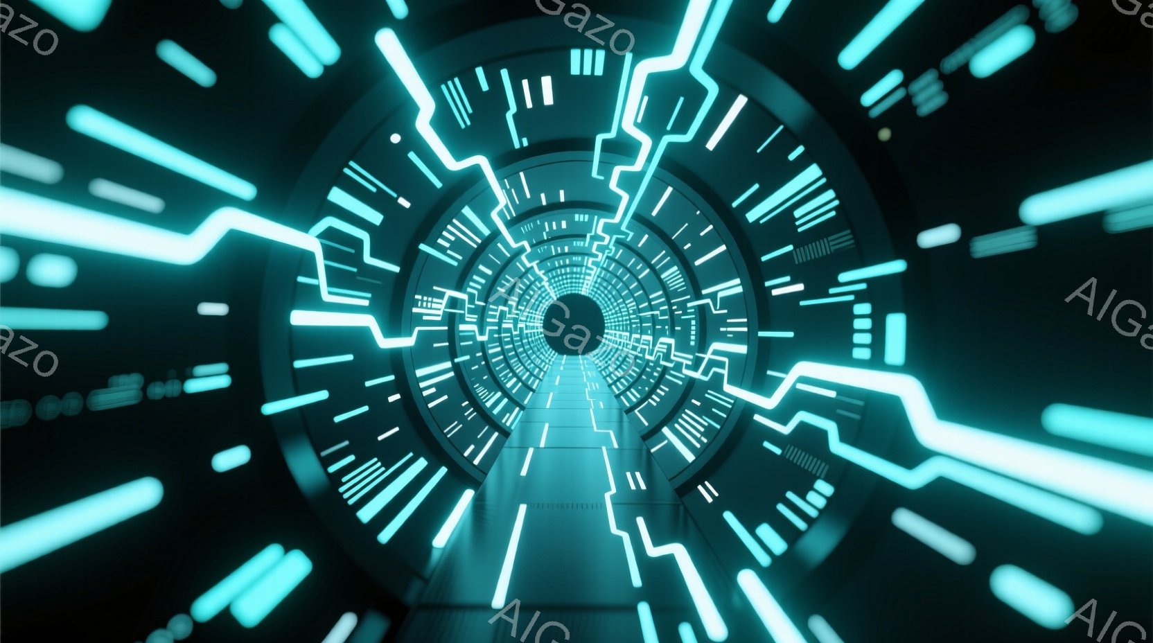 鮮やかな青緑色の光が幾重にも重なり合うトンネルが、視覚的な奥行きを強調している。壁面には回路のような模様が規則的に配置され、未来的な科学技術を連想させるような印象を与える。光の線が遠近法的に収束することで、無限に続く空間への没入感を高めている。