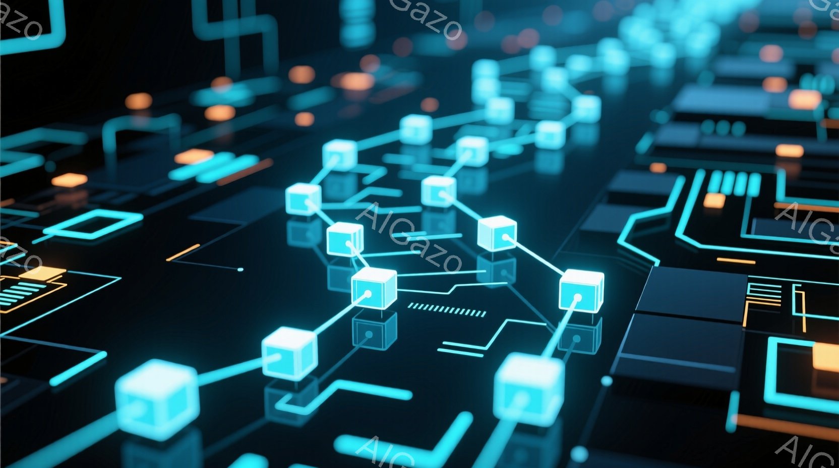 この画像は、暗い背景に浮かぶ、青とオレンジの光る回路図のような構造を示している。立方体のようなノードが線で繋がり、ネットワークまたはデータフローを視覚化したものである。全体的に未来的な雰囲気で、技術的 - AI生成フリー素材