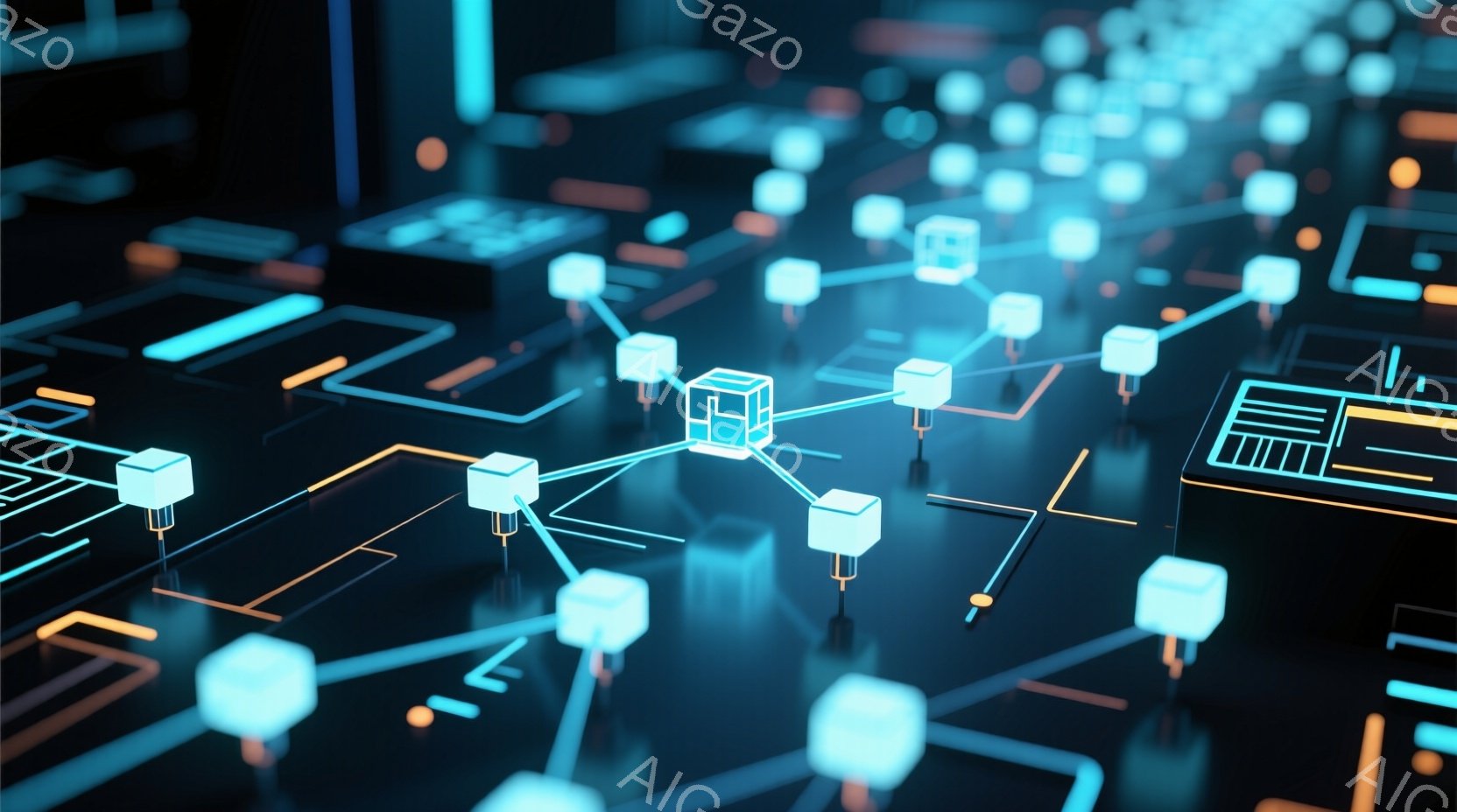 鮮やかなネオンブルーとオレンジ色の光が走る、未来的な回路基板のような背景が広がっています。立方体状のノードが線で繋がれ、データや情報のネットワークを視覚化したような印象を与えます。全体的にクールでテク - AI生成フリー素材