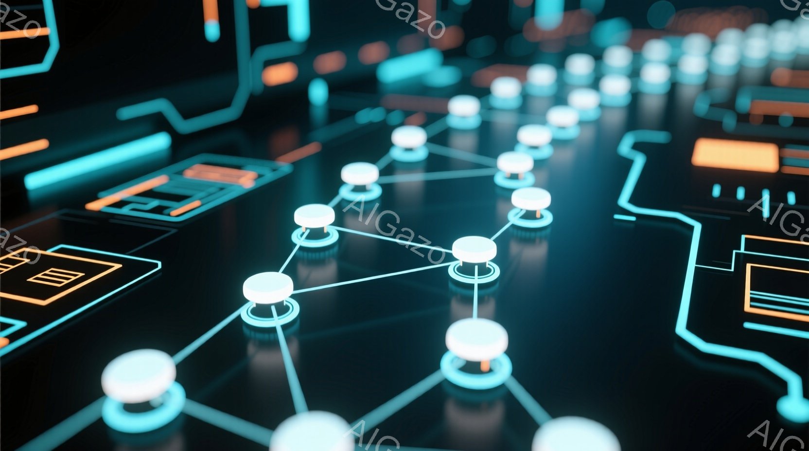 この画像は、暗い背景に輝く線と球体で構成されたネットワーク図を示しています。球体は互いに線で繋がり、まるで神経回路やデジタルネットワークの視覚化のようです。全体的に近未来的な雰囲気で、データや情報の繋 - AI生成フリー素材