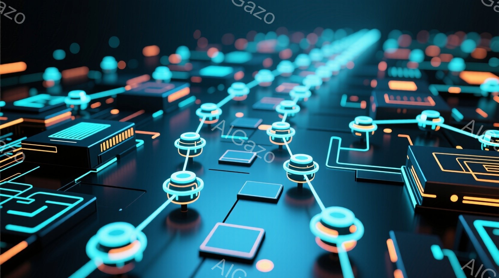 この画像は、暗い背景に浮かび上がる、未来的な回路基板のクローズアップです。鮮やかなオレンジとターコイズブルーの光が、複雑な配線と小さな立方体や円筒形のコンポーネントを照らし出しています。全体的に、テク - AI生成フリー素材