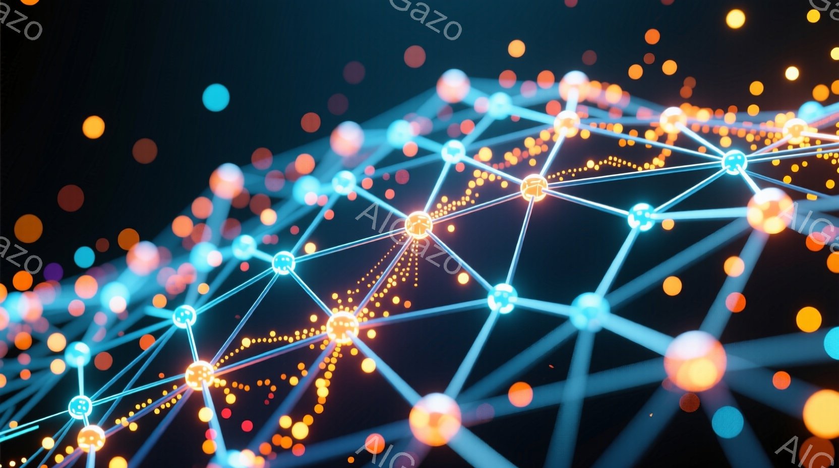 この画像は、暗い背景に浮かぶ複雑なネットワークの抽象的な表現です。鮮やかなオレンジ、青、ピンクの光点が線で結ばれ、まるで神経回路やデータフローを連想させる様子です。全体的に未来的な雰囲気で、テクノロジ - AI生成フリー素材