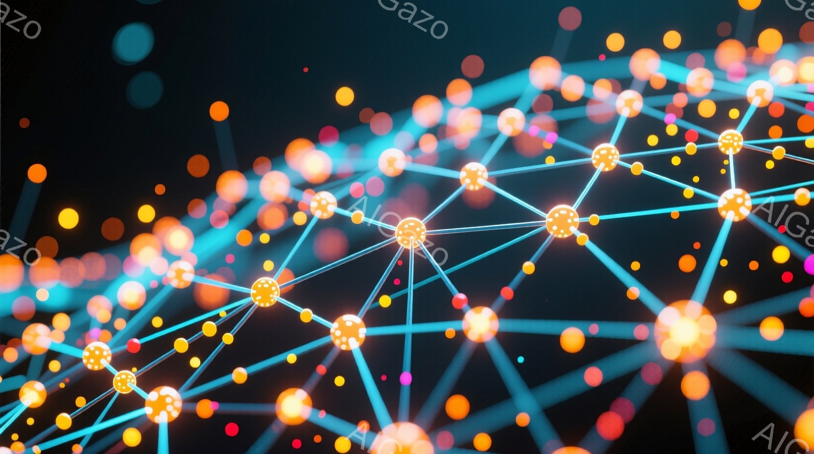 鮮やかな光のネットワークが暗い背景に広がっている様子が描かれている。オレンジ、黄色、赤、水色の光点が線で結ばれ、複雑な繋がりを表現している。全体的に、現代的で未来的な印象を与える抽象的なイメージである。