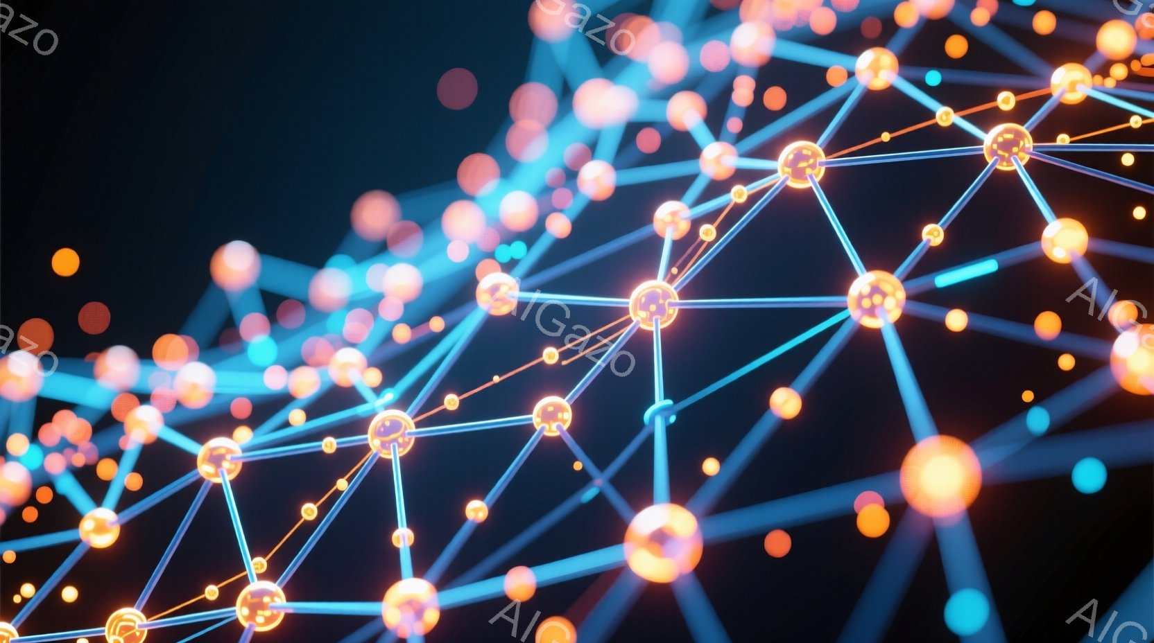 この画像は、暗い背景に浮かぶ、光る球体と線で構成されたネットワークの抽象的な表現です。球体はオレンジ色と水色に輝き、線はそれらを接続して複雑なウェブを形成しています。全体的な雰囲気は未来的なテクノロジ - AI生成フリー素材