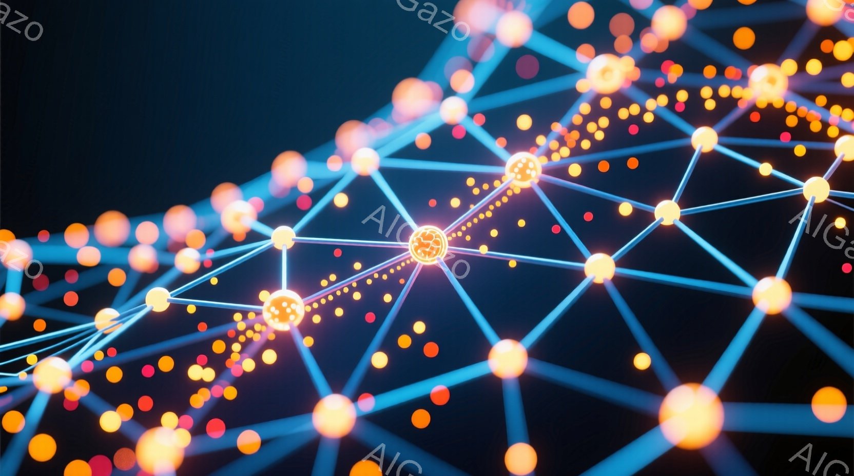 鮮やかな青色の背景に、無数の光る球体が線で結ばれたネットワークが広がっています。球体はオレンジ色と黄色を基調とし、明るさや大きさにばらつきがあり、まるで神経細胞やデジタル回路のような印象を与えます。全体的に未来的な雰囲気で、情報の繋がりやネットワークの概念を視覚的に表現しているようです。